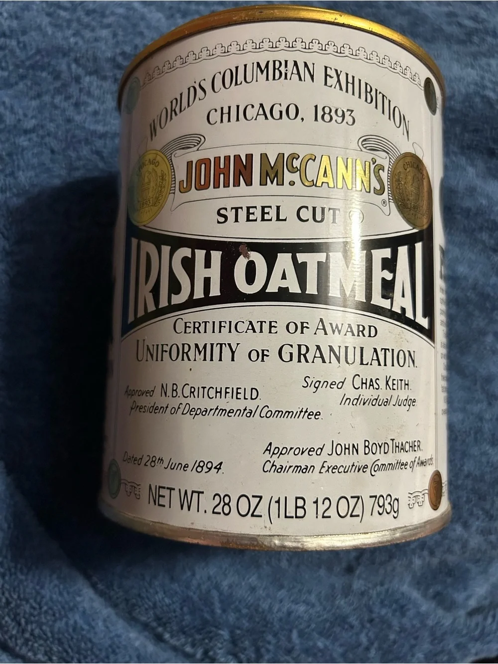 John McCann's Irish Oatmeal Can - White & Gold Vintage Label